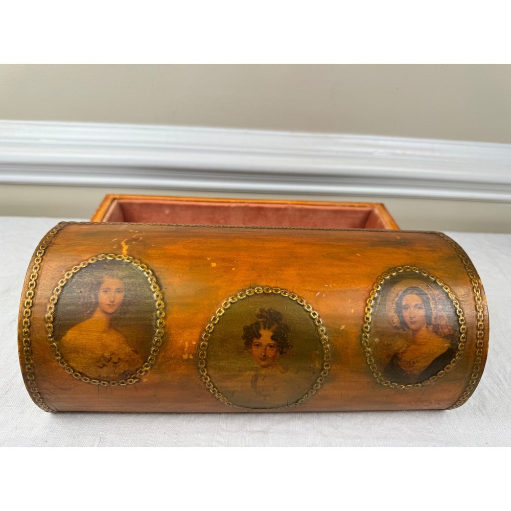 Vintage Hand Painted Dome Top Wooden Trunk Portrait Miniatures Velvet Lined 12in